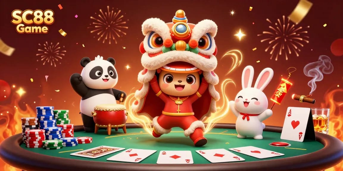 Engage in thrilling SC88 Game action with cartoon characters celebrating at a vibrant poker table.