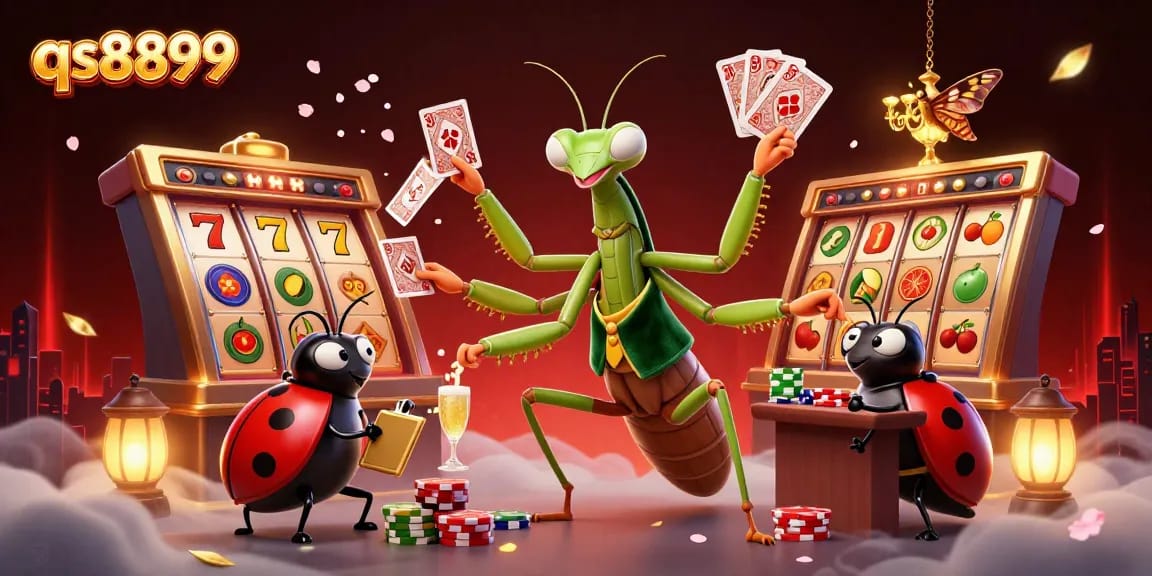 Win big with qs8899 as the giant mantis deals cards in a vibrant 3D casino!