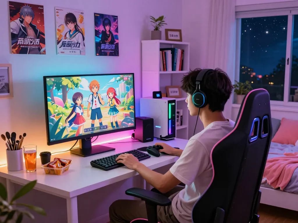 Play porn games in a cozy gaming setup featuring bright visuals and animated characters.