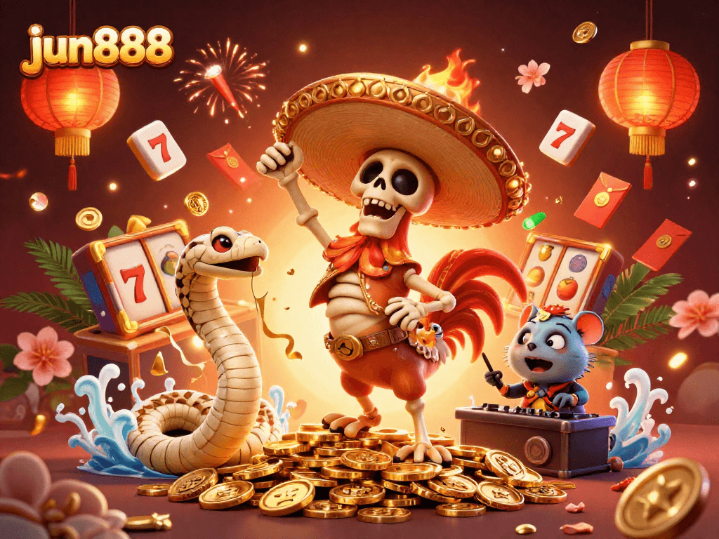 Join the action with jun888 as the skeleton mariachi rooster celebrates with golden coins and slot reels, creating excitement.