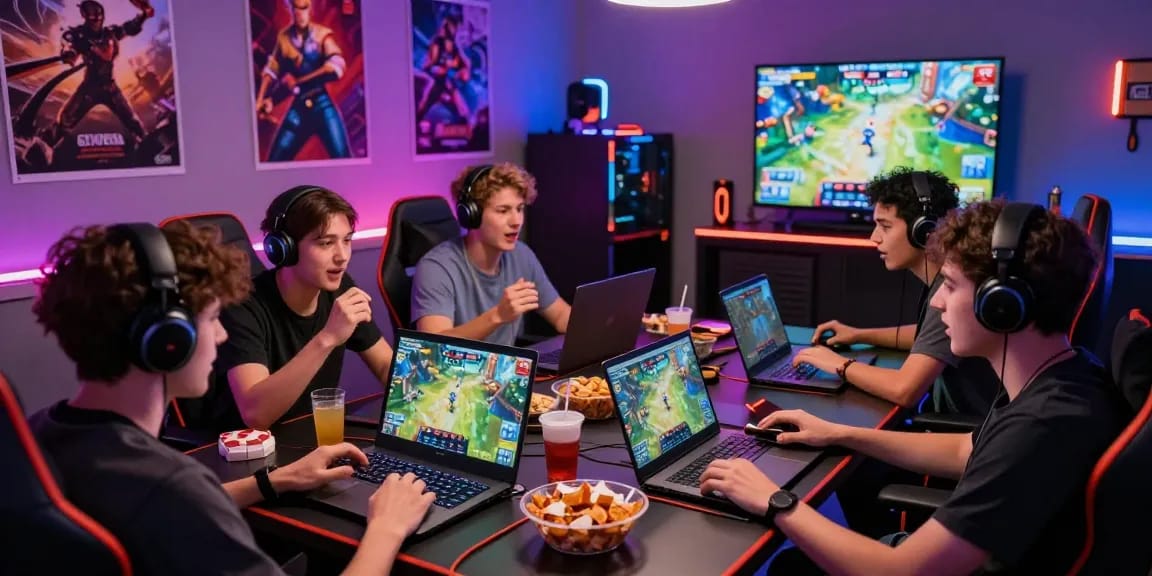 Exciting b52club gaming session with friends using laptops and phones.