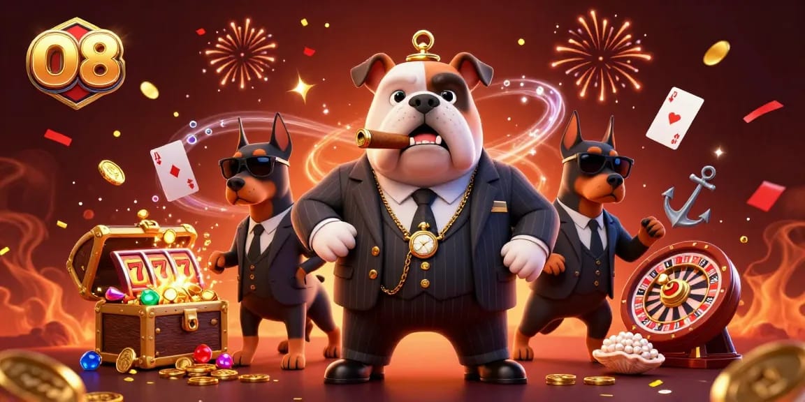 Play thrilling games at O8 with a vibrant scene showcasing a mafia bulldog and its Doberman bodyguards amidst colorful casino elements.