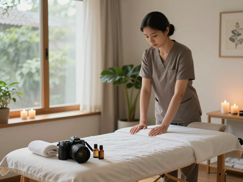 Enjoying 출장마사지 in a serene home setting with candles and calming ambiance.