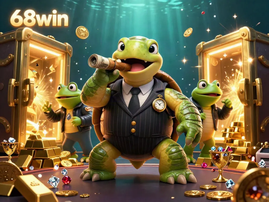 Experience high-stakes excitement with the 68win casino scene featuring a snapping turtle and bullfrogs in a dazzling setting.