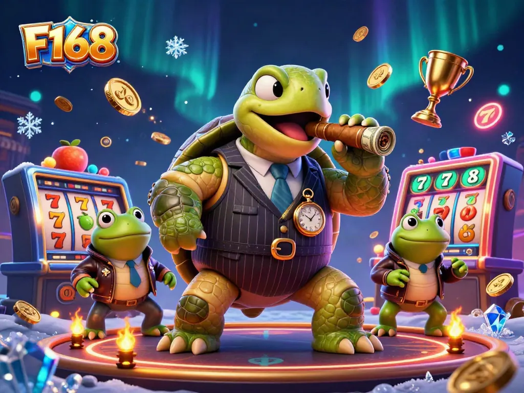 Spin the reels and win big with F168 in a dynamic casino illustration featuring thrilling gameplay elements.