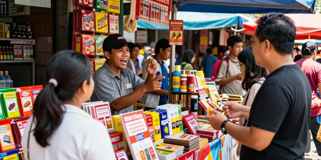 Pasar yang ramai dengan produk rokok88, penjual berinteraksi dengan pelanggan dan kemasan berwarna-warni.
