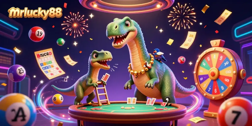 Engage in thrilling mrlucky88 casino action with a vibrant 3D illustration featuring a brontosaurus and raptor.