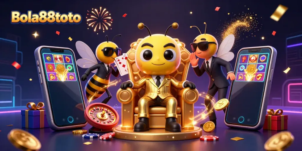 Engage with the thrilling scene of Bola88toto showcasing a vibrant casino atmosphere with a bumblebee mob boss, perfect for online gamers.