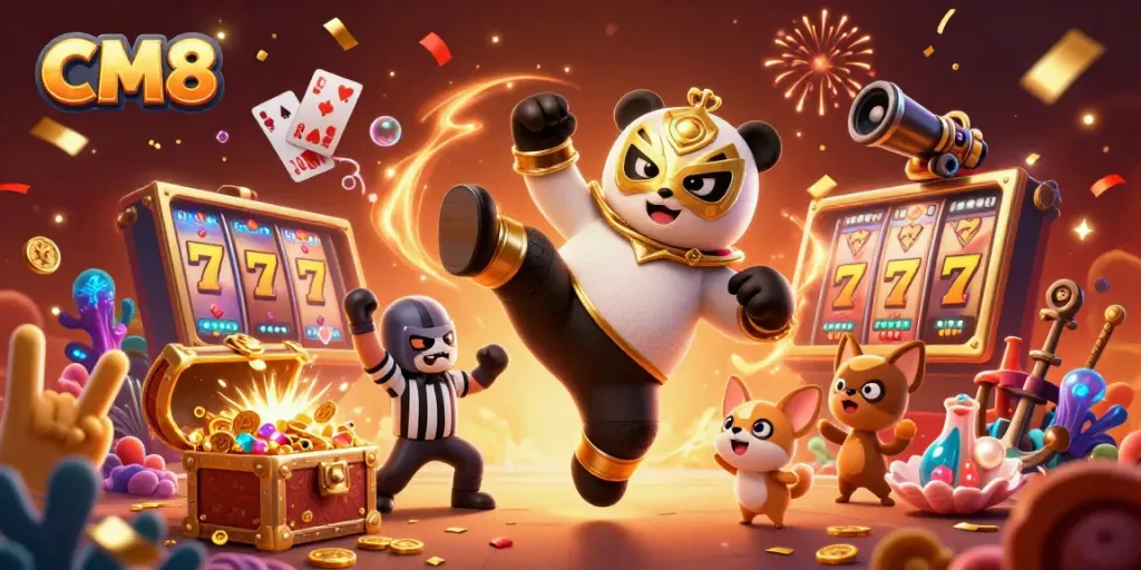 CM8 showcases a panda wrestler in action, amidst vibrant casino elements like slot machines and festive confetti.