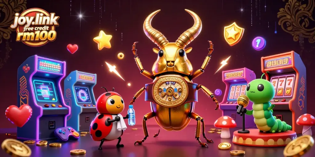Engage with joy.link free credit rm100 in a vibrant casino-themed illustration featuring animated characters.