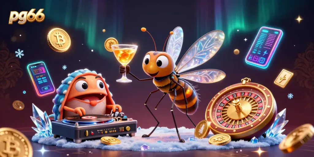 Spin with pg66 at a luxurious casino scene featuring animated characters and crypto elements.