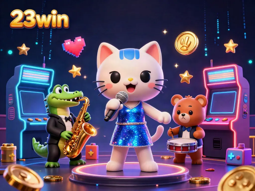 Engage with vibrant casino fun at 23win, featuring jazz music and colorful game machines.