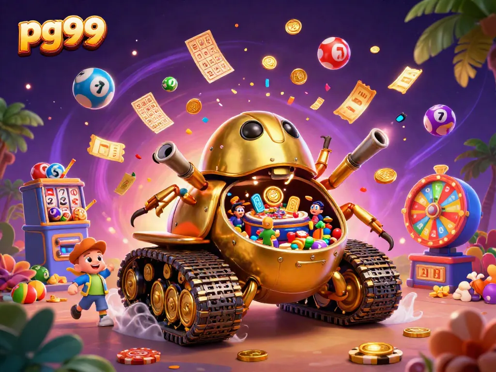 Engage in the pg99 casino experience with a vibrant, immersive illustration packed with games and excitement.