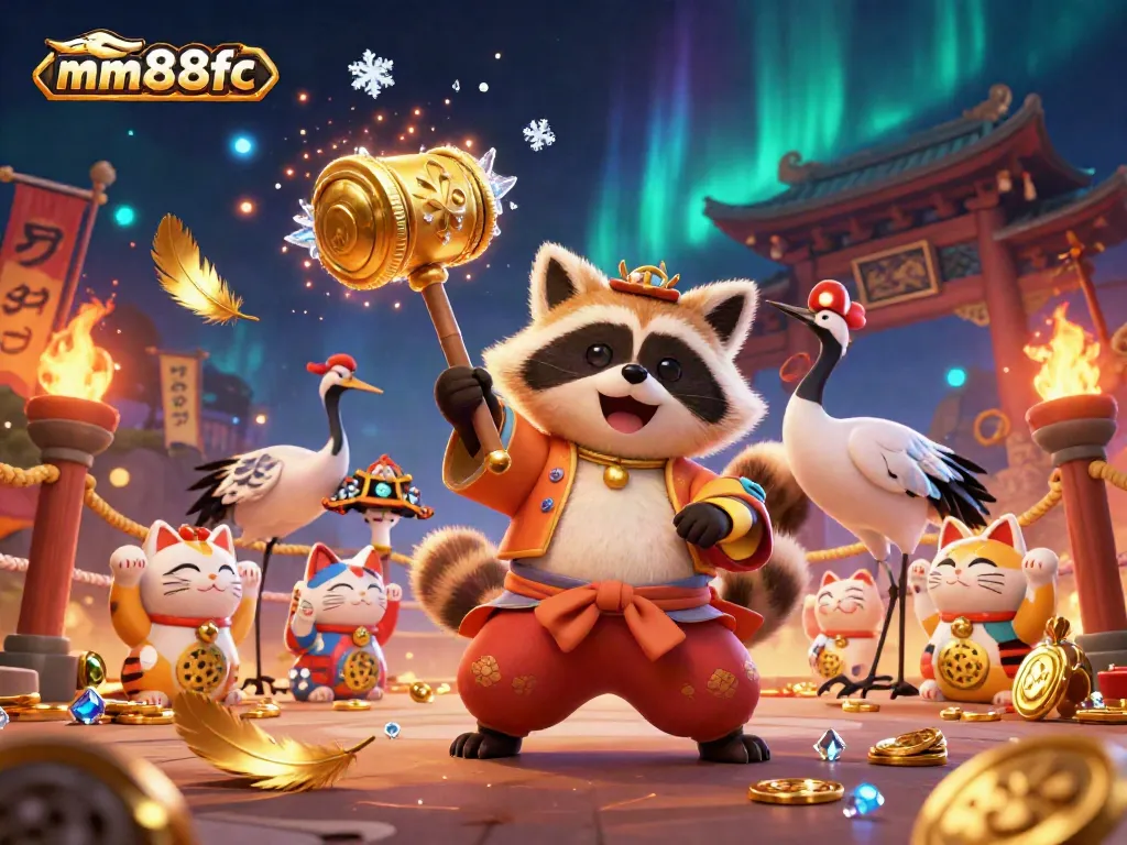 Engage with mm88fc's festive casino atmosphere featuring lucky tanuki and vibrant maneki-neko.