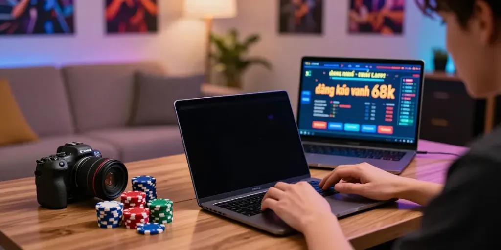 Engaging user participating in the đăng ký nhận 68k promotion while playing a gaming app on a smartphone in a cozy living room environment.