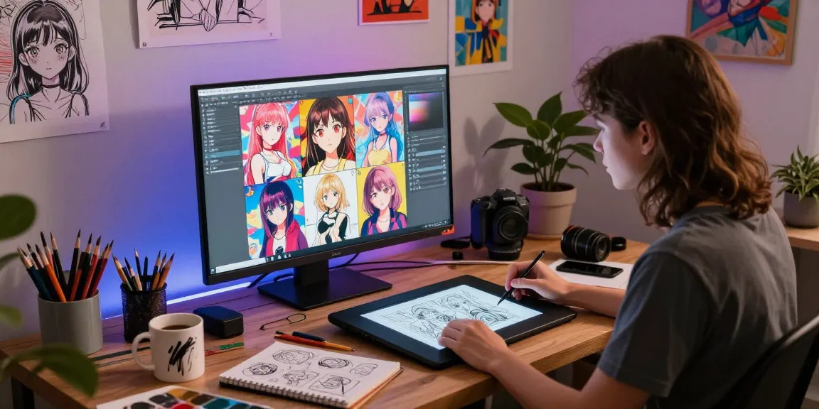 Creating stunning ai ecchi artwork in a vibrant creative studio.