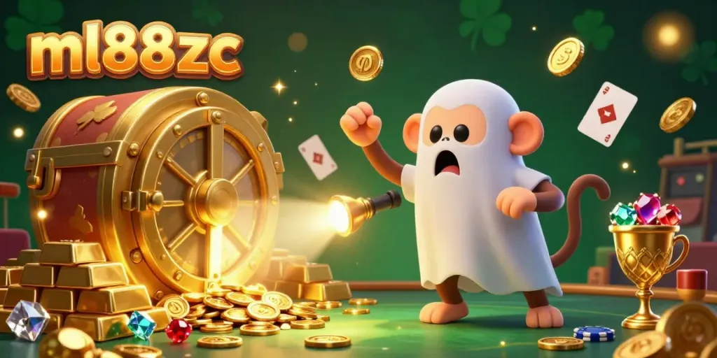 Experience the thrill at ml88zc casino with a mystical monkey juggling golden treasures amid a curious ghost-hunter puppy.