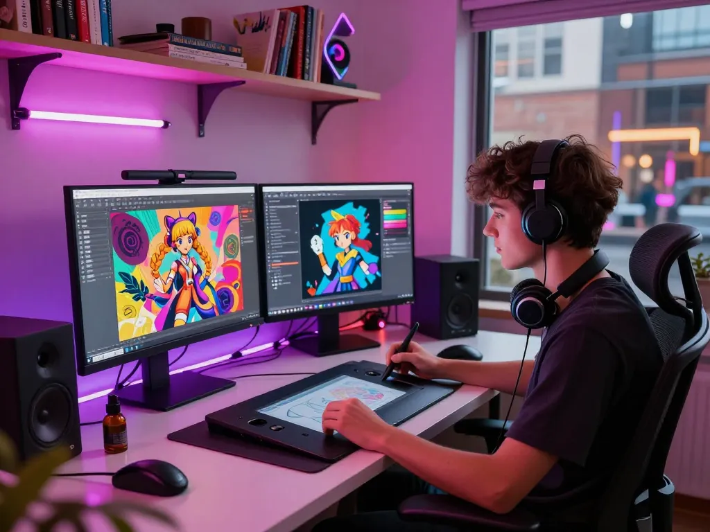 Young artist immersed in creating vibrant 18+ AI digital art in a lively urban studio environment.