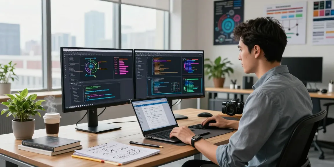 Developer coding at a modern workspace showcasing WPS Official Website tools for enhanced productivity.