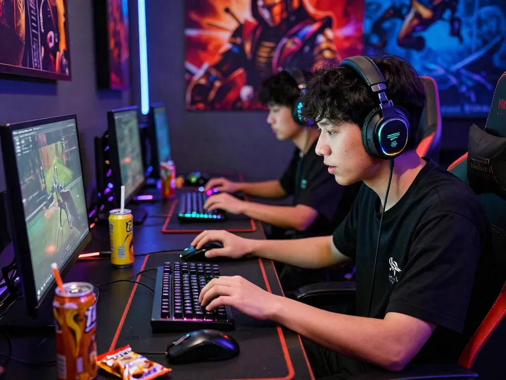 Intense live-streaming session featuring link 78win player focused on gaming setup with colorful lights and accessories.