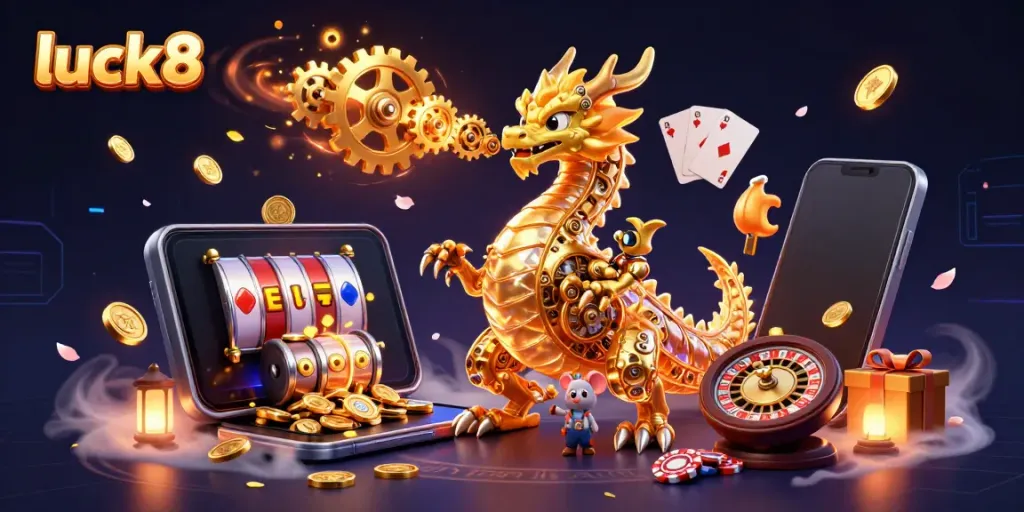 Experience luck8 with a golden dragon illuminating a vibrant casino scene filled with slot game excitement and riches.