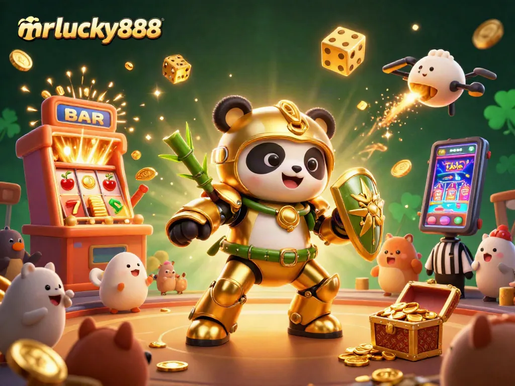 Experience the excitement of mrlucky888 with a vibrant casino-themed 3D illustration bursting with action.