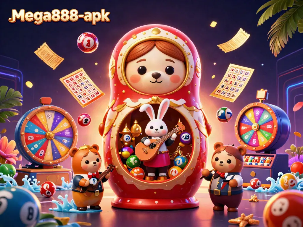 Engage with the diverse gaming experience offered by mega888-apk through an exciting 3D illustration.