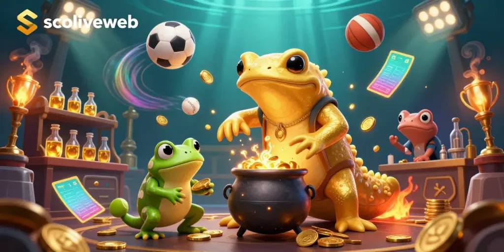 Socoliveweb showcases a dynamic 3D scene with a golden salamander alchemist and sports elements that represents the online gambling experience.