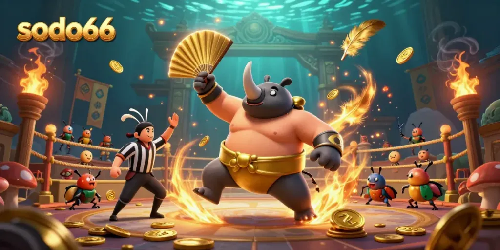 Sodo66 platform showcasing a 3D rhinoceros beetle champion amidst flying coins in a vivid casino scene