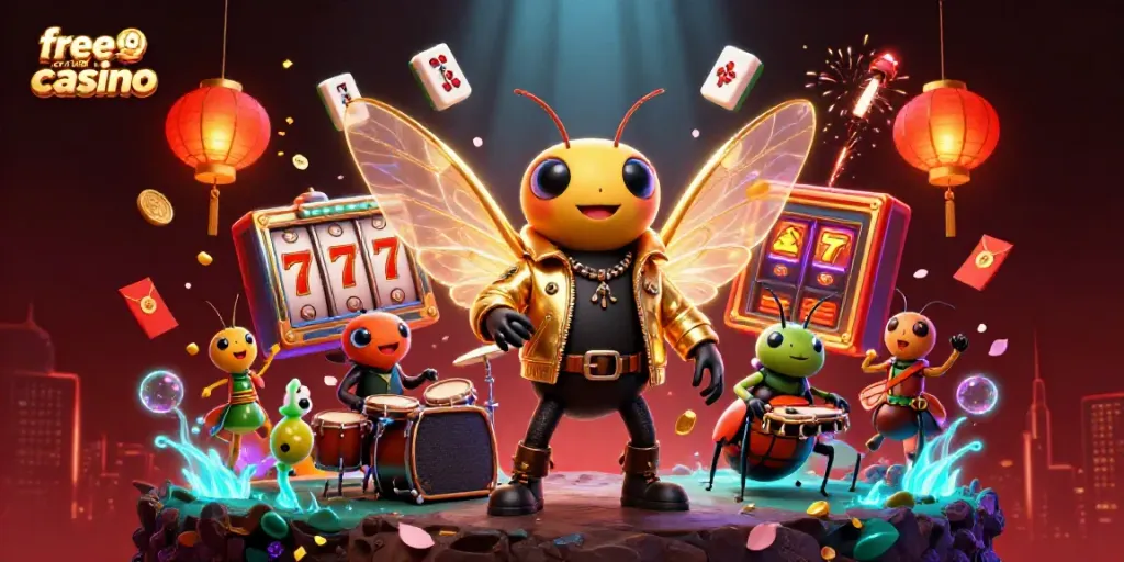 Play slots and win at the vibrant free credit casino with rocking characters and glowing elements.