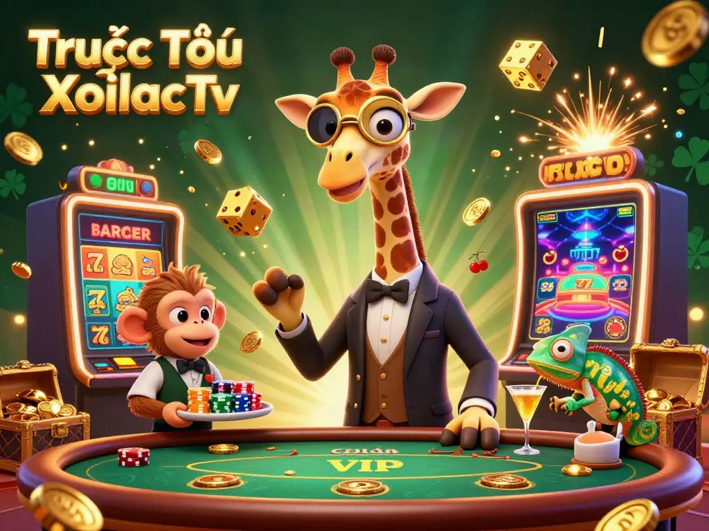 Experience the thrill of Trực Tiếp XoilacTv with a vibrant scene of gambling characters and explosive visuals.