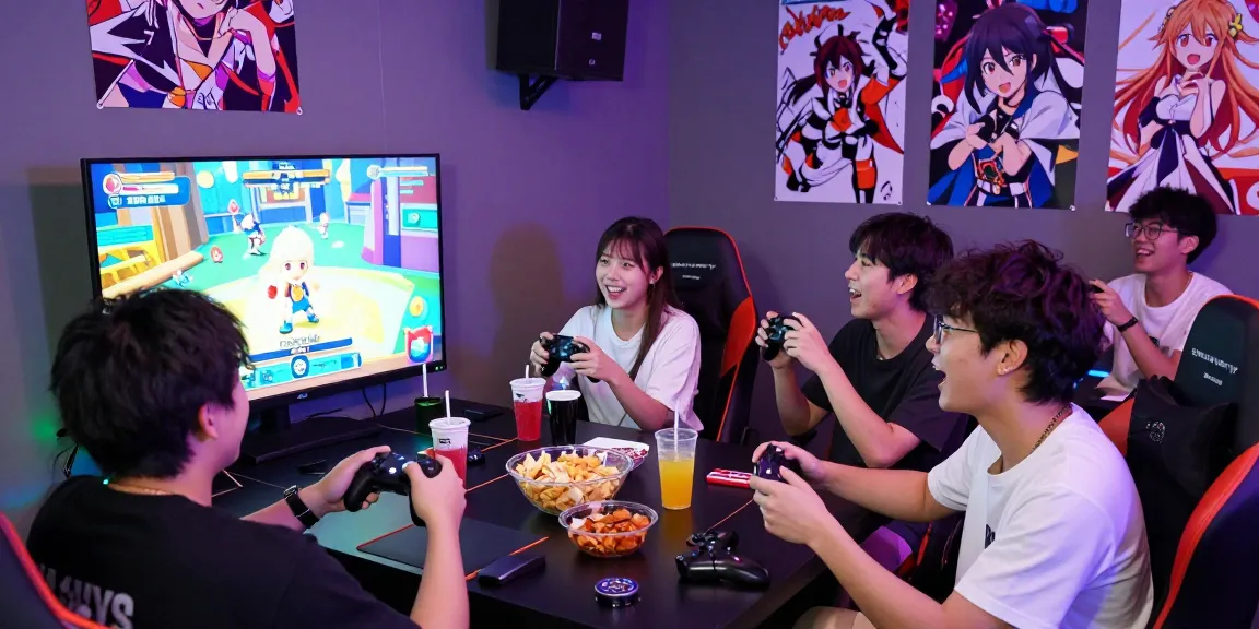 Friends enjoying exhilarating hentaigames together in a colorful gaming lounge.