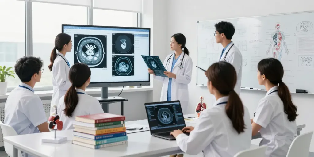 Students studying radiology technologies with CT scans, X-rays, and MRIs at ROKOK88 classroom.