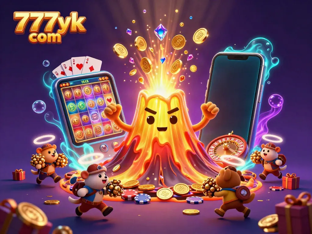Win big with 777yk com as treasures erupt from the golden volcano in this vibrant casino scene.