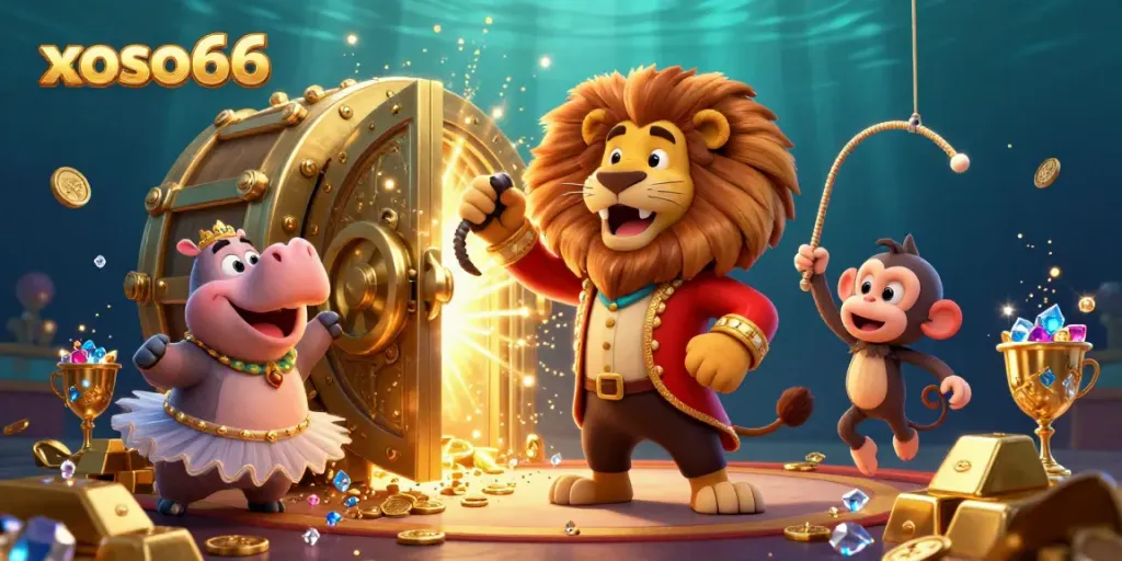 Engage with xoso66 through a vibrant circus scene filled with treasure and animated characters.