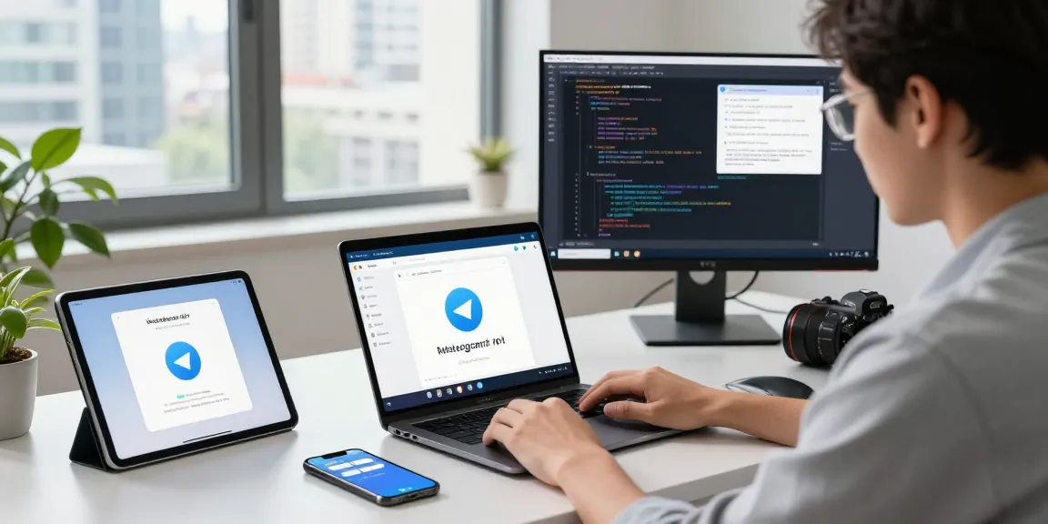 Instant messaging with Telegram下载 at a modern desk setup showcasing installation guides and coding documentation.