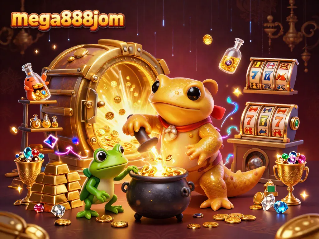 Engage in immersive gameplay with mega888jom as the golden alchemist transforms coins amidst a thrilling casino scene.