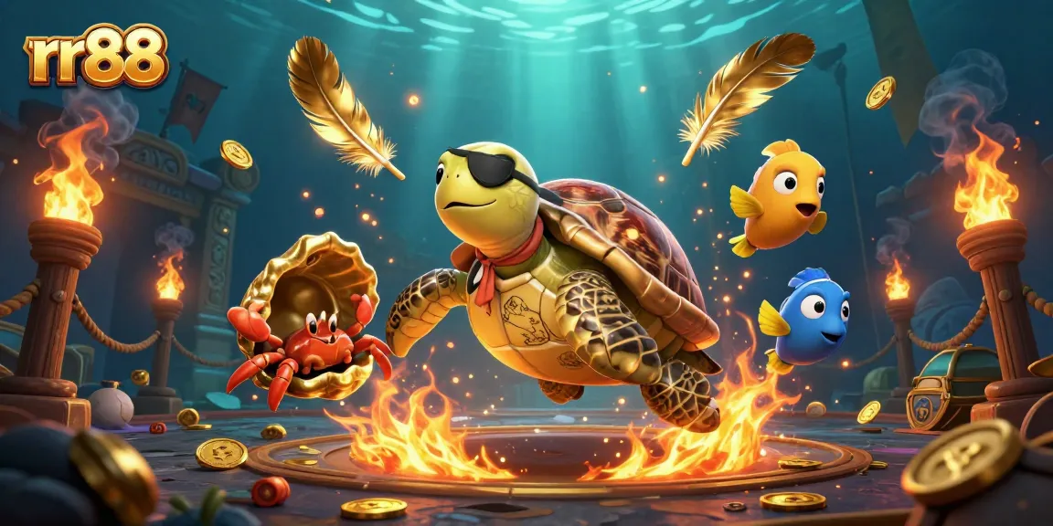 Engage with rr88's vibrant underwater casino adventure featuring a pirate turtle, crab, and parrotfish.