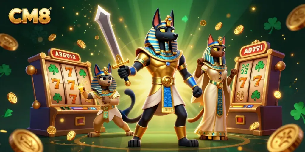 Engage with CM8’s thrilling slots experience featuring Anubis and Bastet amidst lively gaming elements.