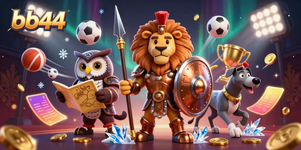Engage with bb44, a dynamic casino scene featuring a Spartan lion, owl strategist, and greyhound amidst sports betting excitement.