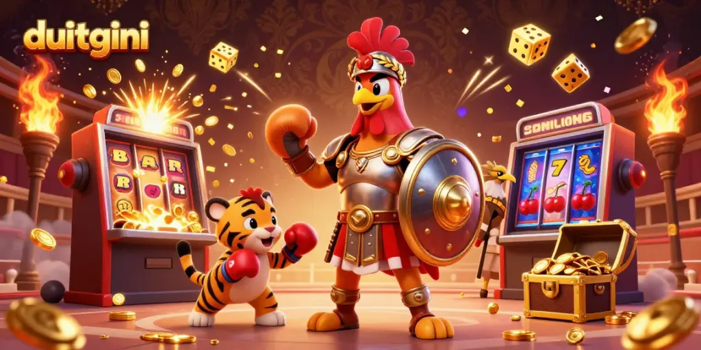 Engage with DuitGini's premium loan services as a cartoon gladiator rooster triumphs in a vibrant casino scene.