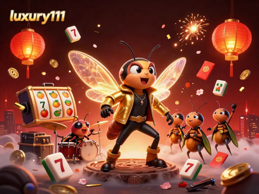 Experience luxury111's exciting casino atmosphere with vibrant characters, slot reels, and festive decorations.