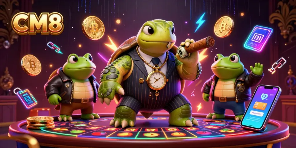 Spin the reels and win big with CM8 in this vibrant cartoon casino scene.