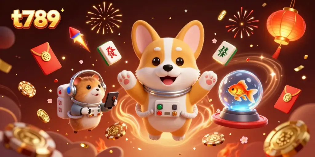 Experience thrilling wins at t789 with a 3D floating casino scene full of animated characters and vibrant gaming elements.