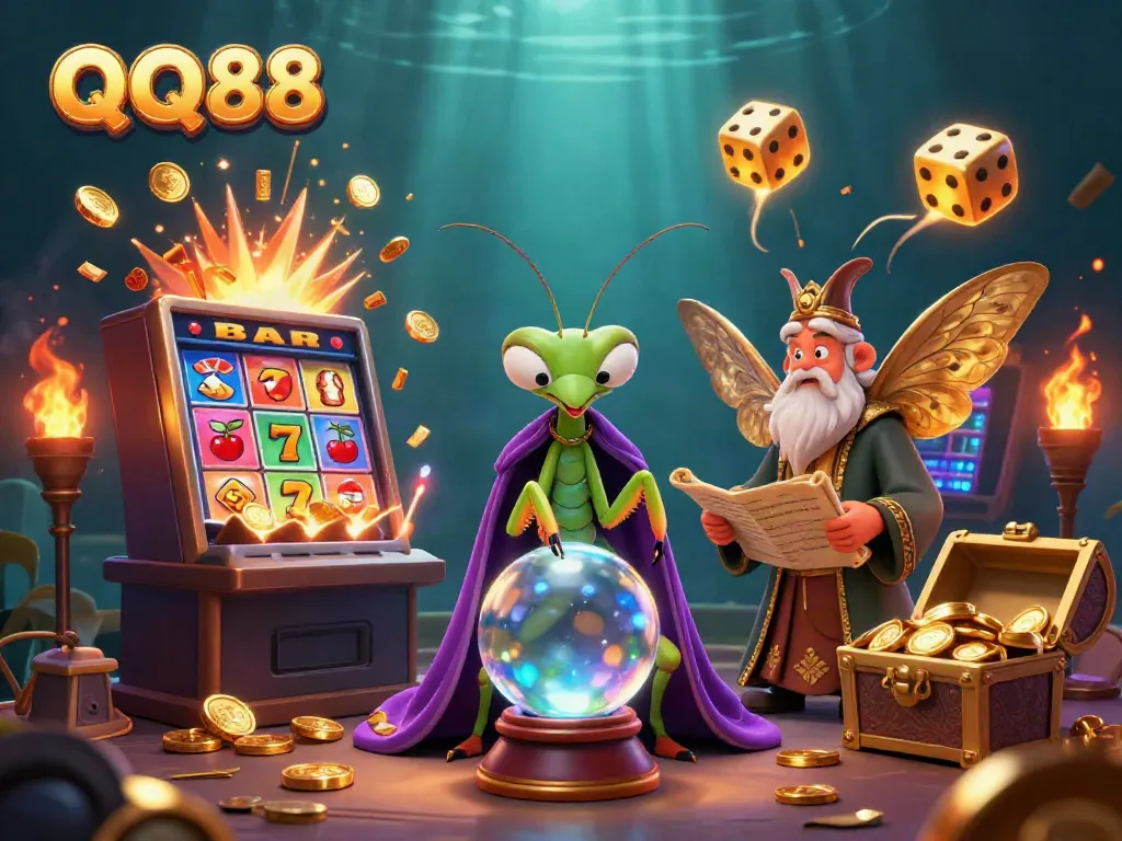 Engage in excitement at QQ88, with a dynamic 3D scene showcasing fortune telling and slot machines.
