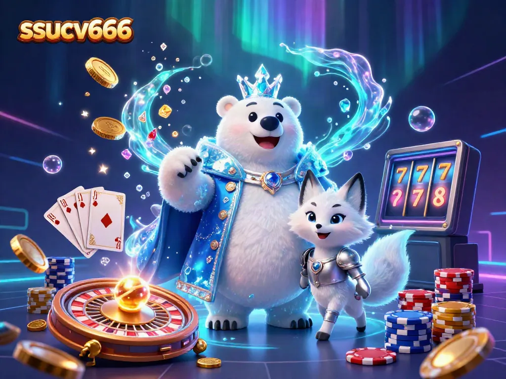 Engage with thrilling casino adventure featuring ssucv666's ice king polar bear amidst glowing coins and roulette.