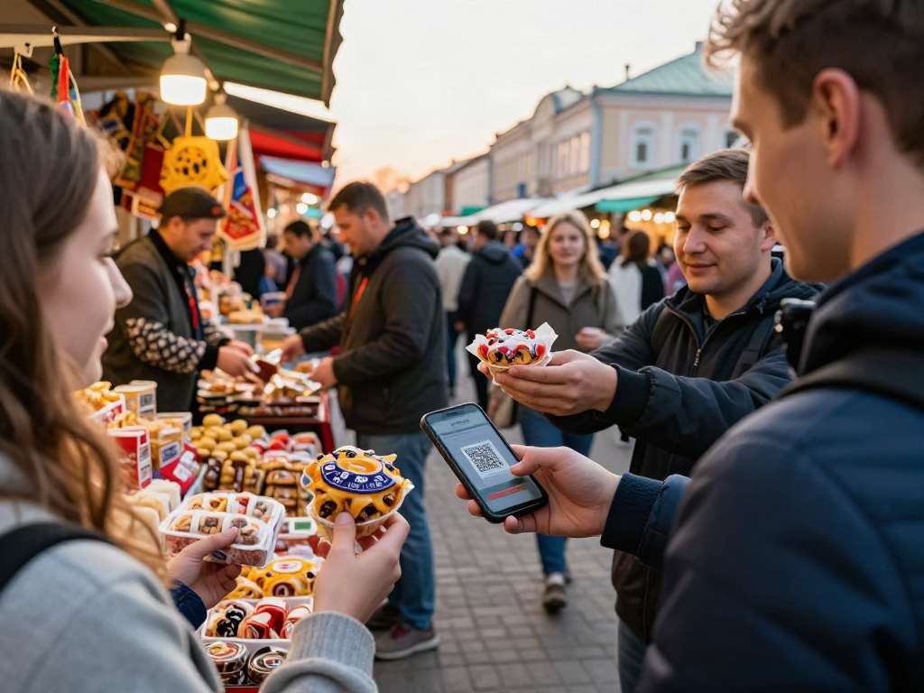 Pengunjung menggunakan https://payinrussia.com/ untuk bayar di pasar tempatan yang meriah.