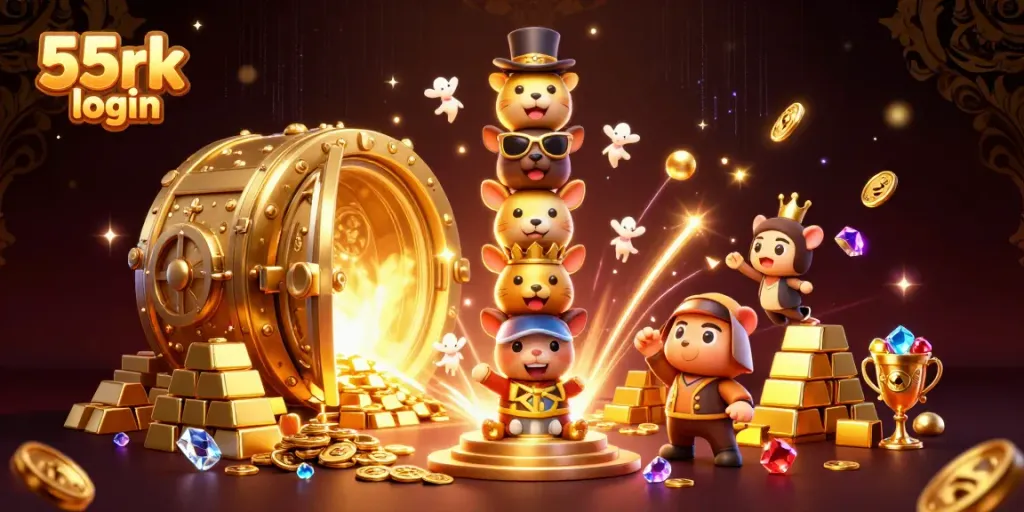 Experience thrilling gaming adventures with the vibrant "55rk login" 3D totem pole and treasure.