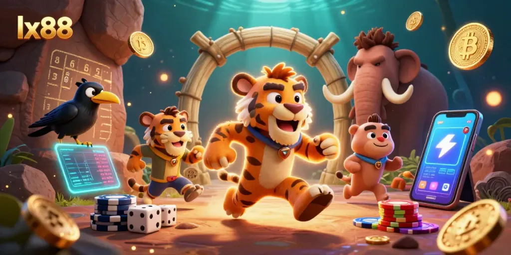 Engage with lx88 in an exciting prehistoric casino scene featuring playful characters and vibrant gambling elements.