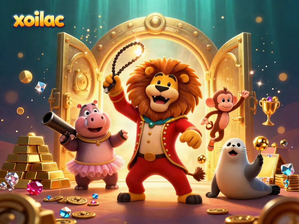 Betting on exciting matches with Xoilac, vibrant cartoon scene filled with treasures and lively characters.